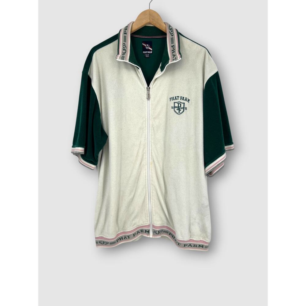 Y2k Vintage Phat Farm Green Cream Terry Cloth Zip Up Short Sleeve Track Top XL